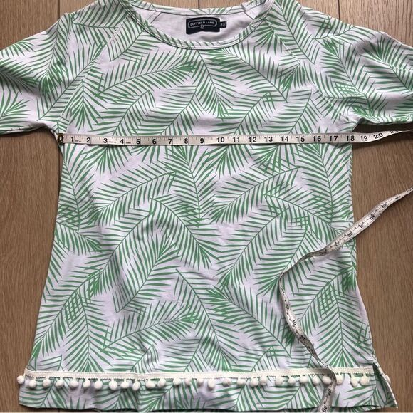 Duffield Lane Green Palm Leaf Print Women's Long Sleeve Crew Neck Top Pom Trim - Picture 6 of 7
